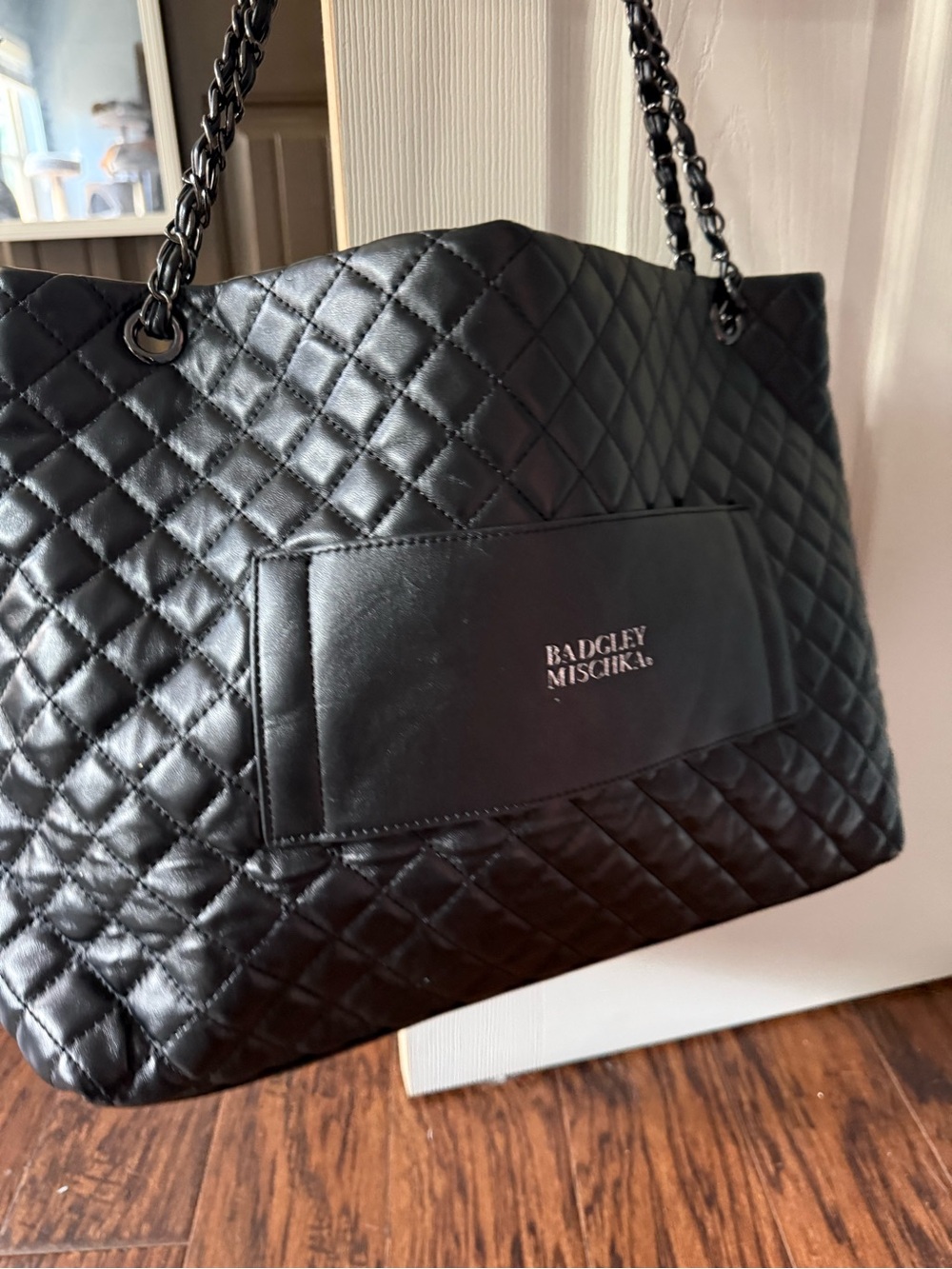 Badgley Mischka Black Quilted Tote with Chain-Strap Handles
